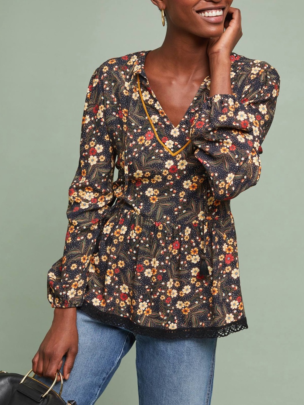 FARM Rio Sayen Floral V-Neck Peasant Peplum Blouse